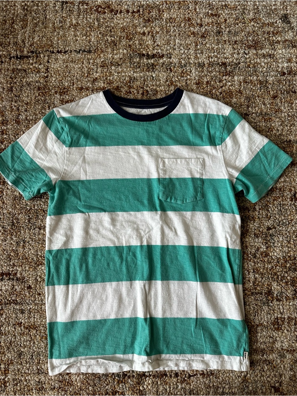 GAP Kids Teal and White Stripe Pocket Tee with Navy Trim